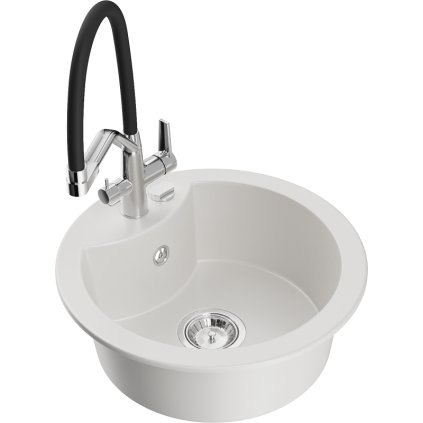 Mexen Diego, 1-komorový granitový drez 488x488x167 mm a drezová batéria Duo, biela, 6512-20-671701-07