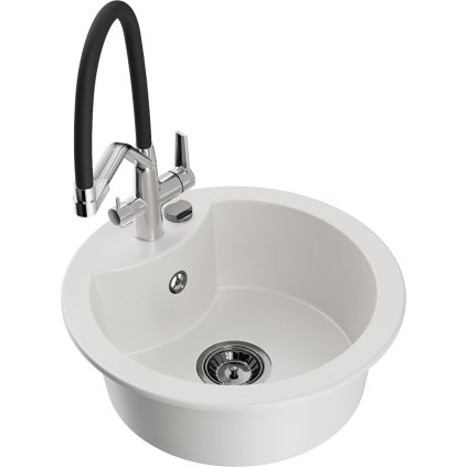 Mexen Diego, 1-komorový granitový drez 488x488x167 mm a drezová batéria Duo, biela, 6512-20-671701-07-B