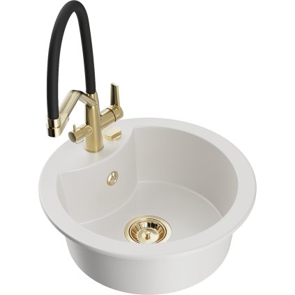 Mexen Diego, 1-komorový granitový drez 488x488x167 mm a drezová batéria Duo, biela, 6512-20-671701-57-G