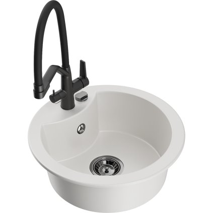 Mexen Diego, 1-komorový granitový drez 488x488x167 mm a drezová batéria Duo, biela, 6512-20-671701-70-B
