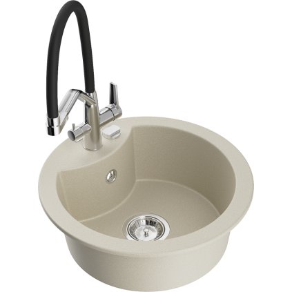 Mexen Diego, 1-komorový granitový drez 488x488x167 mm a drezová batéria Duo, béžová, 6512-69-671701-07