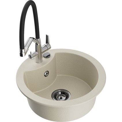 Mexen Diego, 1-komorový granitový drez 488x488x167 mm a drezová batéria Duo, béžová, 6512-69-671701-07-B