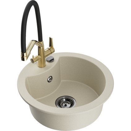 Mexen Diego, 1-komorový granitový drez 488x488x167 mm a drezová batéria Duo, béžová, 6512-69-671701-57-B