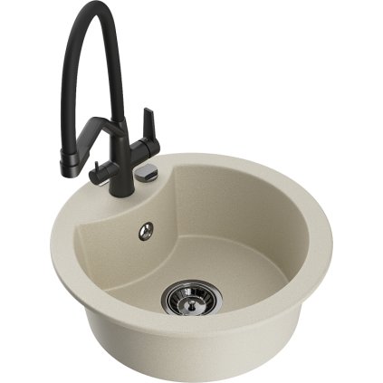 Mexen Diego, 1-komorový granitový drez 488x488x167 mm a drezová batéria Duo, béžová, 6512-69-671701-70-B