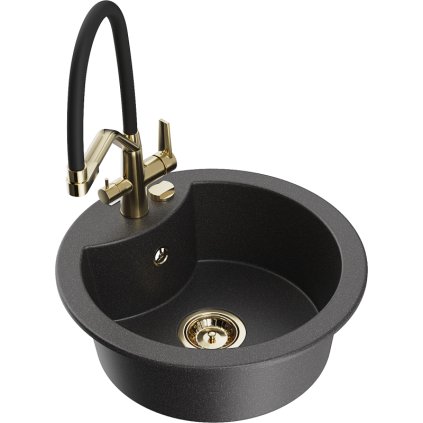 Mexen Diego, 1-komorový granitový drez 488x488x167 mm a drezová batéria Duo, čierna škvrnitá, 6512-76-671701-57-G