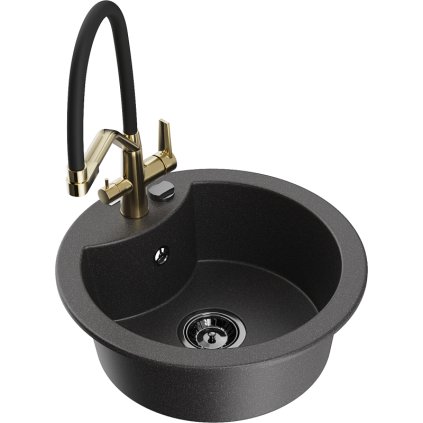 Mexen Diego, 1-komorový granitový drez 488x488x167 mm a drezová batéria Duo, čierna škvrnitá, 6512-76-671701-57-B