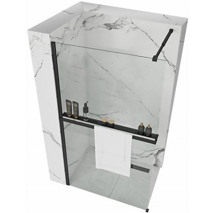 Rea Aero, sprchová zástena typu Walk-In 80 cm + polička a vešiak EVO, 8mm číre sklo, čierny profil, KPL-K0581