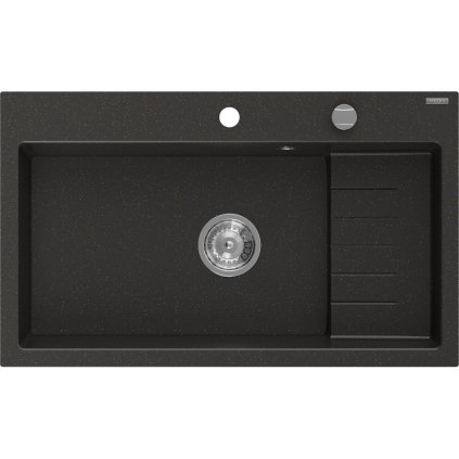 Mexen Omar, 1-komorový granitový drez 800x480x210 mm, čierna-zlatá metalíza, chrómový sifón, 6520801005-75
