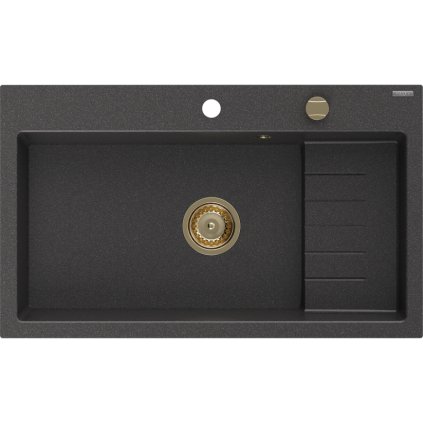 Mexen Omar, 1-komorový granitový drez 800x480x210 mm, čierna škvrnitá, zlatý sifón, 6520801005-76-G