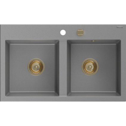 Mexen Hektor, 2-komorový granitový drez 800x480x205 mm, šedá, zlatý sifón, 6521802000-71-G