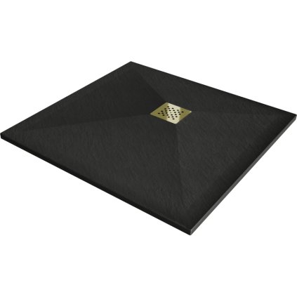 Mexen Stone+, štvorcová vanička z minerálneho kompozitu 80 x 80 cm, čierna, zlatá lesklá krytka, 44708080-G