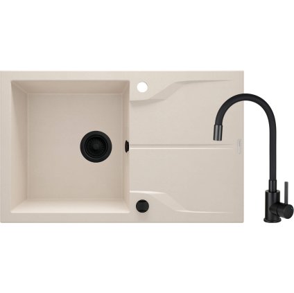 Deante Andante, 1-komorový granitový drez 780x490x194 mm +čierna batéria s elastickým ramenom, béžová, DEA-ZQNN5113