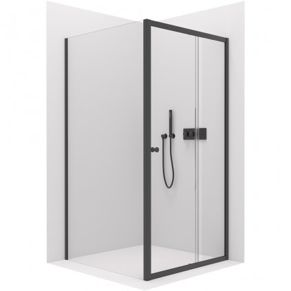 Cerano Varone, sprchovací kút s posuvnými dverami 100(dvere) x 90 (stena) x 195 cm, 6mm číre sklo, čierny profil, CER-CER-DY505B-10090
