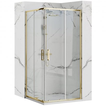 Rea Punto, sprchovací kút 80x80x190 cm, 5mm číre sklo, zlatý lesklý profil + čierna sprchová vanička Savoy, KPL-K1441