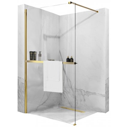 Rea Aero, sprchová zástena typu Walk-In 90cm, 8mm číre sklo, zlatý lesklý profil + polička a vešiak EVO, KPL-K8442