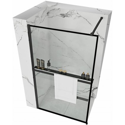 Rea Bler, sprchová zástena typ Walk-In 70x195cm, 8mm číre sklo, čierny profil + polica a vešiak na uteráky EVO, KPL-K7636