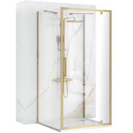Rea Rapid Swing, 3-stenový sprchovací kút 100(dvere) x 100(stena) x 195 cm, 6mm číre sklo, zlatý matný profil, KPL-02525