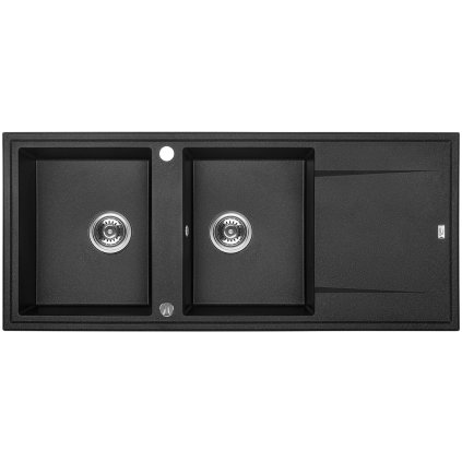 Laveo Megalo, 2-komorový granitový drez 1160x500x185 mm s dlhým odkvapávačom, čierna, LAV-SBE_721T