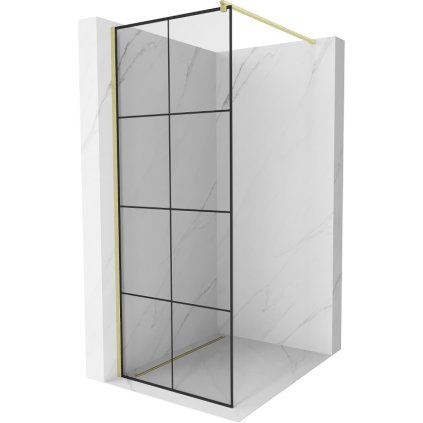 Mexen Kioto, sprchová zástena Walk-In 90 x 200 cm, 8mm číre sklo čierny vzor, zlatý matný profil, 800-090-101-55-77