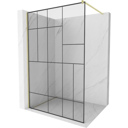 Mexen Kioto, sprchová zástena Walk-In 140 x 200 cm, 8mm číre sklo čierny vzor, zlatý matný profil, 800-140-101-55-78