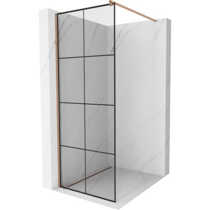 Mexen Kioto, sprchová zástena Walk-In 90 x 200 cm, 8mm číre sklo čierny vzor, medený matný profil, 800-090-101-65-77