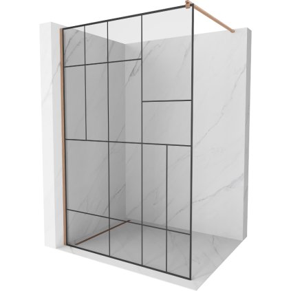 Mexen Kioto, sprchová zástena Walk-In 140 x 200 cm, 8mm číre sklo čierny vzor, medený matný profil, 800-140-101-65-78