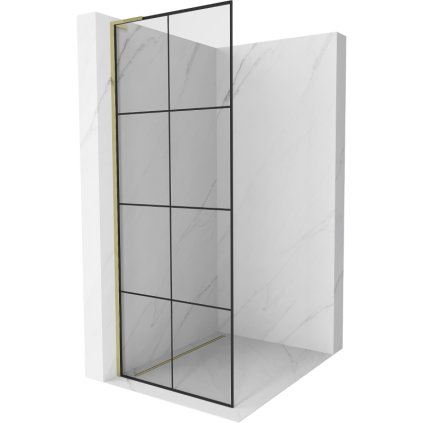 Mexen Kioto L, sprchová zástena Walk-In 80 x 200 cm, 8mm číre sklo čierny vzor, zlatý lesklý profil,800-080-103-50-77