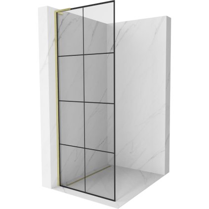 Mexen Kioto L, sprchová zástena Walk-In 80 x 200 cm, 8mm číre sklo čierny vzor, zlatý matný profil, 800-080-103-55-77
