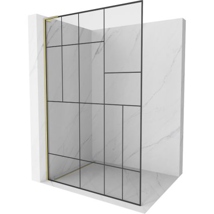 Mexen Kioto L, sprchová zástena Walk-In 120 x 200 cm, 8mm číre sklo čierny vzor, zlatý matný profil, 800-120-103-55-78