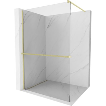 Mexen Kioto+, sprchová zástena Walk-In s poličkou a vešiakom 120 x 200 cm, 8mm číre sklo, zlatý matný profil, 800-120-121-55-00