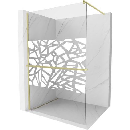 Mexen Kioto+, sprchová zástena Walk-In s poličkou a vešiakom 90 x 200 cm, 8mm číre sklo biely vzor, zlatý matný profil, 800-090-121-55-85