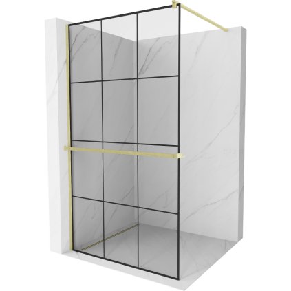 Mexen Kioto+, sprchová zástena Walk-In s poličkou a vešiakom 110 x 200 cm, 8mm číre sklo čierny vzor, zlatý matný profil, 800-110-121-55-77