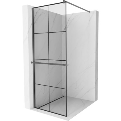 Mexen Kioto+, sprchová zástena Walk-In s poličkou a vešiakom 70 x 200 cm, 8mm číre sklo čierny vzor, grafitový profil, 800-070-121-95-77