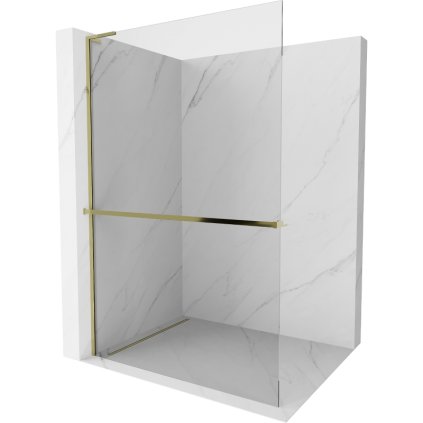 Mexen Kioto+ L, sprchová zástena Walk-In s poličkou a vešiakom 60 x 200 cm, 8mm číre sklo, zlatý lesklý profil,800-060-123-50-00