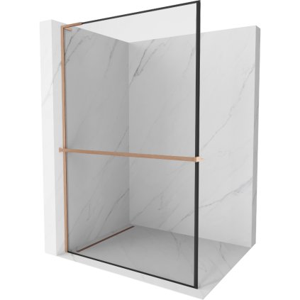 Mexen Kioto+ L, sprchová zástena Walk-In s poličkou a vešiakom 60 x 200 cm, 8mm číre sklo čierny vzor, medený matný profil, 800-060-123-65-70