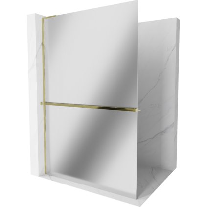 Mexen Kioto+ L, sprchová zástena Walk-In s poličkou a vešiakom 70 x 200 cm, 8mm sklo vzor zrkadlo, zlatý lesklý profil,800-070-123-50-50