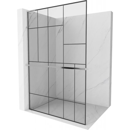 Mexen Kioto+ L, sprchová zástena Walk-In s poličkou a vešiakom 120 x 200 cm, 8mm číre sklo čierny vzor, chrómový profil, 800-120-123-01-78