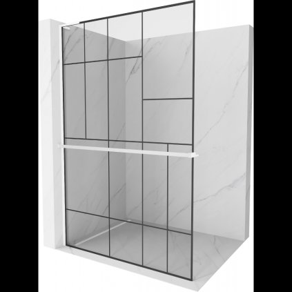 Mexen Kioto+ L, sprchová zástena Walk-In s poličkou a vešiakom 80 x 200 cm, 8mm číre sklo čierny vzor, biely profil, 800-080-123-20-78