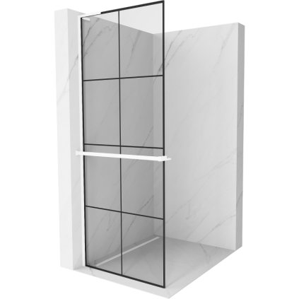 Mexen Kioto+ L, sprchová zástena Walk-In s poličkou a vešiakom 80 x 200 cm, 8mm číre sklo čierny vzor, biely profil, 800-080-123-20-77