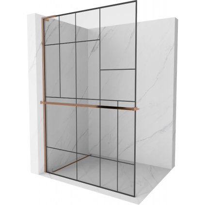 Mexen Kioto+ L, sprchová zástena Walk-In s poličkou a vešiakom 110 x 200 cm, 8mm číre sklo čierny vzor, ružové zlato profil, 800-110-123-60-78
