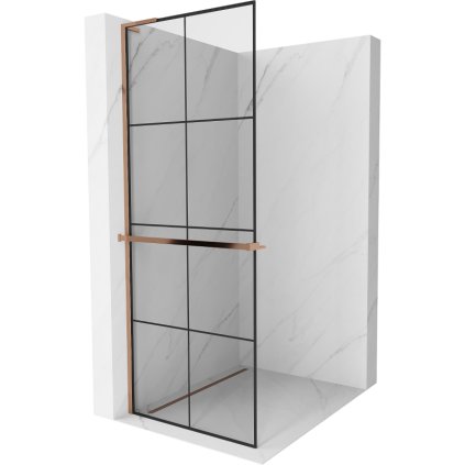 Mexen Kioto+ L, sprchová zástena Walk-In s poličkou a vešiakom 80 x 200 cm, 8mm číre sklo čierny vzor, ružové zlato profil, 800-080-123-60-77