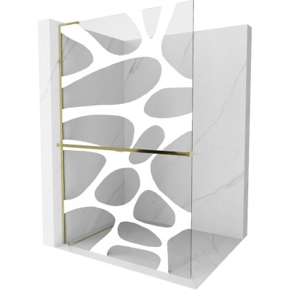 Mexen Kioto+ L, sprchová zástena Walk-In s poličkou a vešiakom 110 x 200 cm, 8mm číre sklo biely vzor, zlatý lesklý profil,800-110-123-50-97