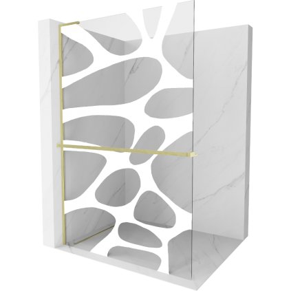Mexen Kioto+ L, sprchová zástena Walk-In s poličkou a vešiakom 100 x 200 cm, 8mm číre sklo biely vzor, zlatý matný profil, 800-100-123-55-97
