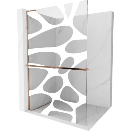 Mexen Kioto+ L, sprchová zástena Walk-In s poličkou a vešiakom 70 x 200 cm, 8mm číre sklo biely vzor, ružové zlato profil, 800-070-123-60-97