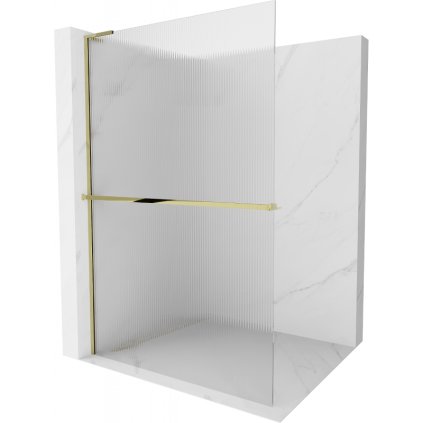 Mexen Kioto+ L, sprchová zástena Walk-In s poličkou a vešiakom 100 x 200 cm, 8mm sklo s rebrovým vzorom, zlatý lesklý profil,800-100-123-50-09