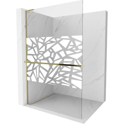 Mexen Kioto+ L, sprchová zástena Walk-In s poličkou a vešiakom 120 x 200 cm, 8mm číre sklo biely vzor, zlatý lesklý profil,800-120-123-50-85
