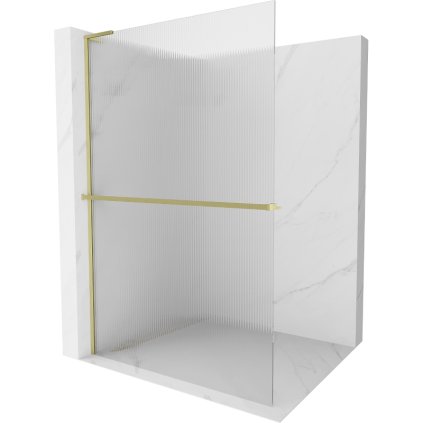 Mexen Kioto+ L, sprchová zástena Walk-In s poličkou a vešiakom 110 x 200 cm, 8mm sklo s rebrovým vzorom, zlatý matný profil, 800-110-123-55-09