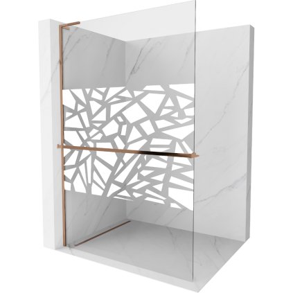 Mexen Kioto+ L, sprchová zástena Walk-In s poličkou a vešiakom 120 x 200 cm, 8mm číre sklo biely vzor, ružové zlato profil, 800-120-123-60-85
