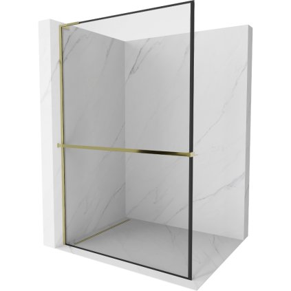 Mexen Kioto+ L, sprchová zástena Walk-In s poličkou a vešiakom 70 x 200 cm, 8mm číre sklo čierny vzor, zlatý lesklý profil,800-070-123-50-70