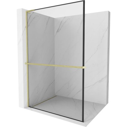 Mexen Kioto+ L, sprchová zástena Walk-In s poličkou a vešiakom 100 x 200 cm, 8mm číre sklo čierny vzor, zlatý matný profil, 800-100-123-55-70